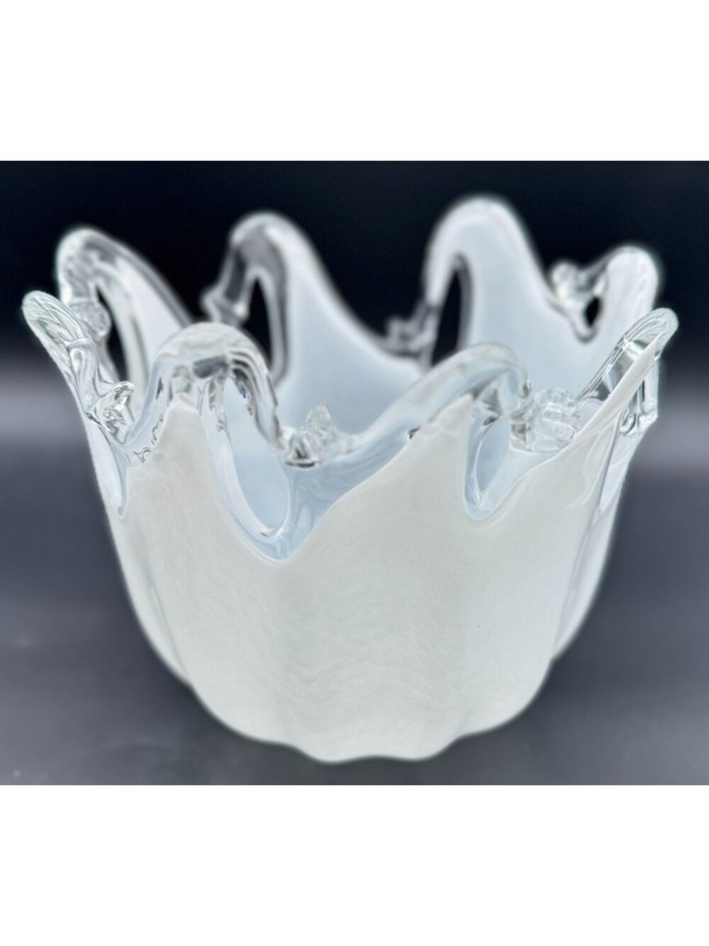 Handmade Italian White Cristal Art Glass Bowl With Waved Rim Design 9"D x 7"H